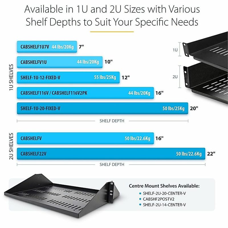 StarTech.com 1U Vented Server Rack Cabinet Shelf - Fixed 12" Deep Cantilever Rackmount Tray for 19" Data/AV/Network Enclosure w/Cage Nuts - Image 8