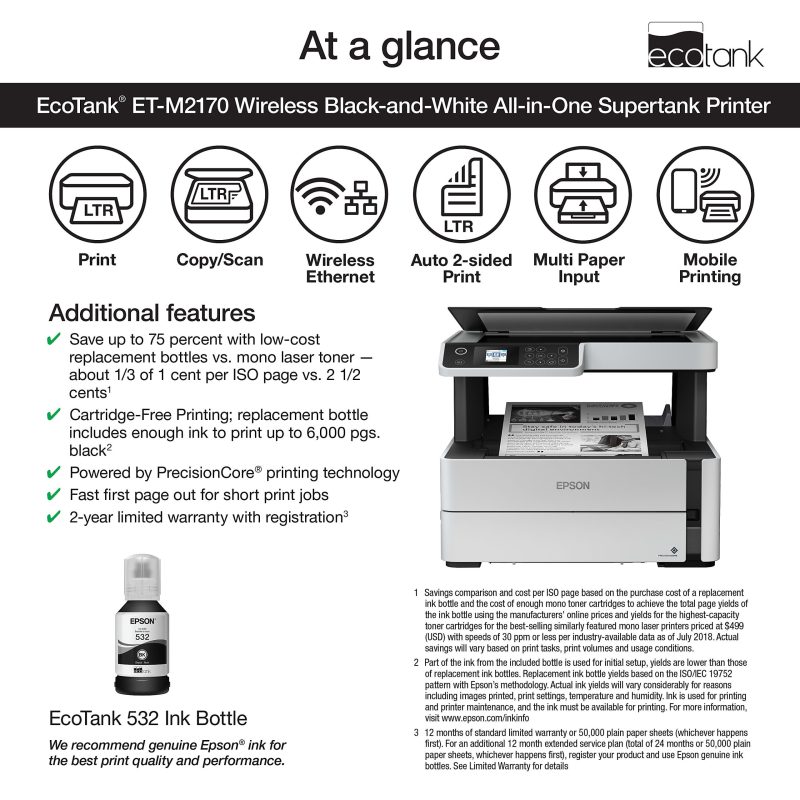 Epson® EcoTank® ET-M2170 SuperTank® Wireless All-In-One Monochrome Printer - Image 3