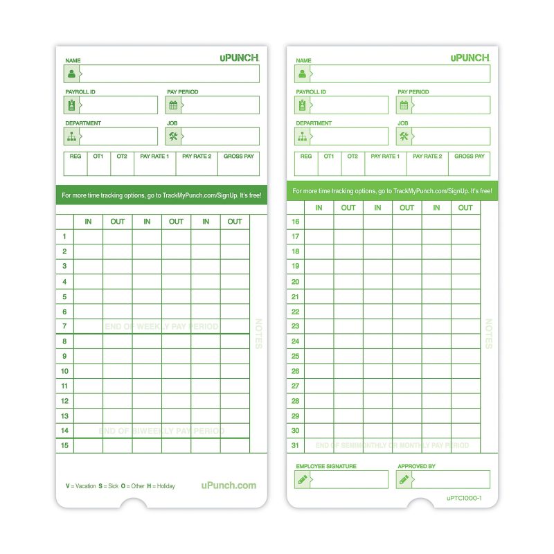 uPunch All Pay Periods Time Cards, 2-Sided, 3.5" x 7.5", Green, Pack Of 100, HNTCG1100 - Image 2