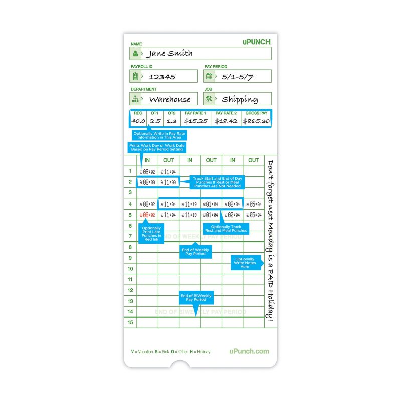 uPunch All Pay Periods Time Cards, 2-Sided, 3.5" x 7.5", Green, Pack Of 100, HNTCG1100 - Image 3