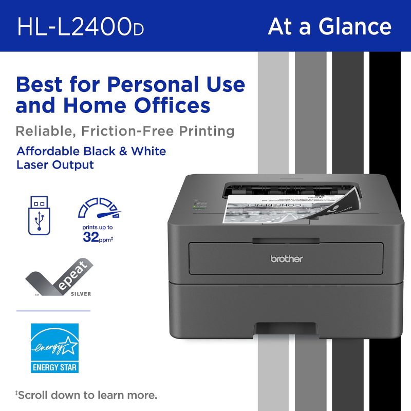 Brother HL-L2400D Compact Monochrome Laser Printer, Duplex, USB-Connected, Black & White - Image 2