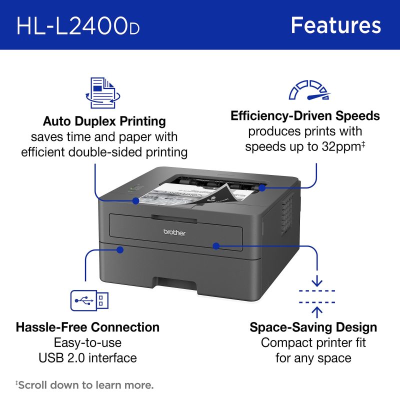 Brother HL-L2400D Compact Monochrome Laser Printer, Duplex, USB-Connected, Black & White - Image 3