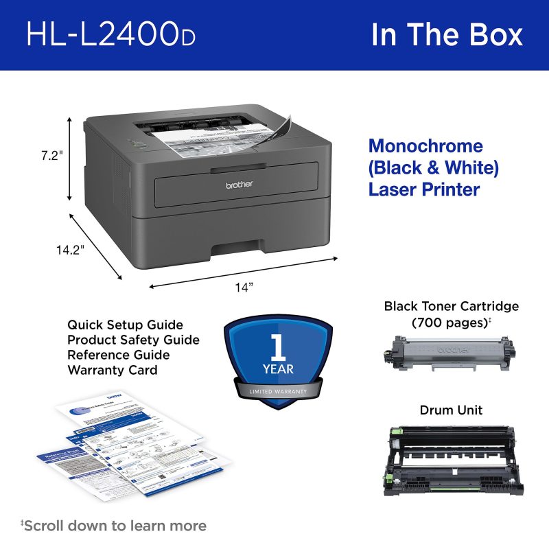Brother HL-L2400D Compact Monochrome Laser Printer, Duplex, USB-Connected, Black & White - Image 8