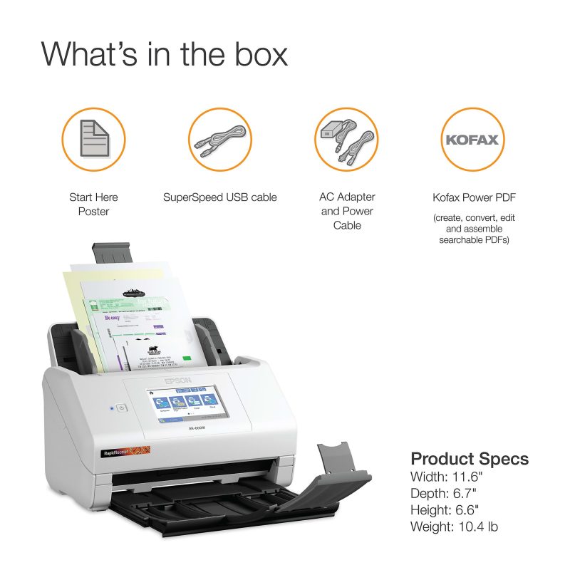 Epson® RapidReceipt™ Wireless Touchscreen Desktop Receipt And Color Document Scanner With Auto Document Feeder, RR-600W - Image 5