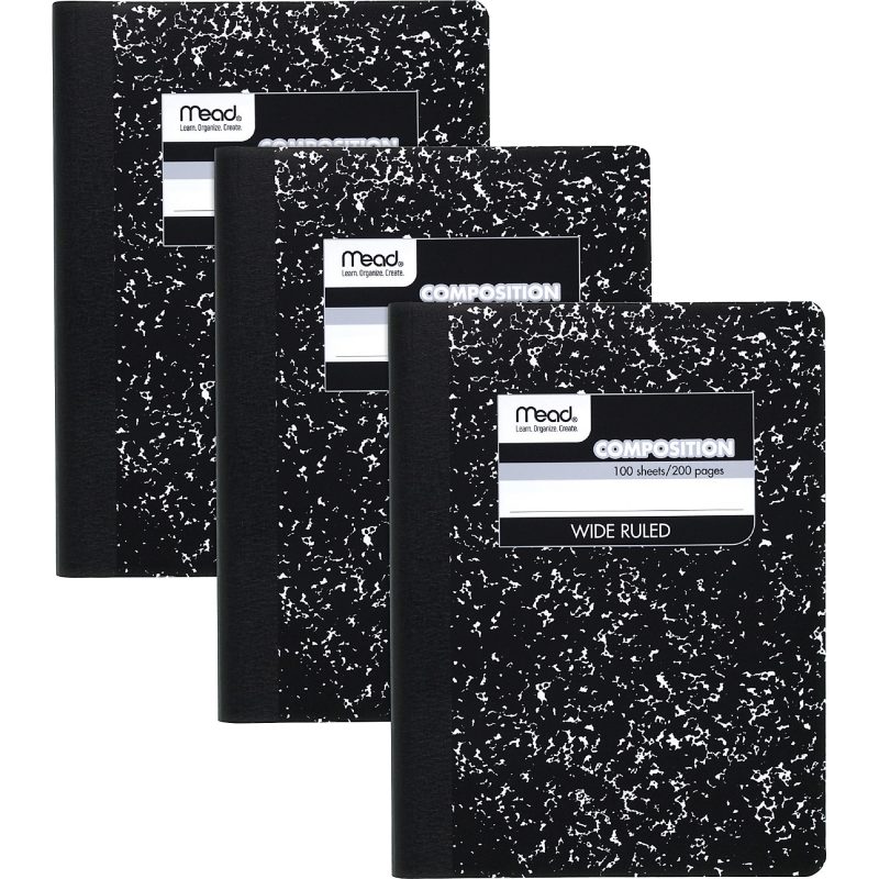 Mead® Composition Notebooks, 9 3/4" x 7 1/2", Wide Ruled, 100 Sheets, Black Marble, Pack Of 3
