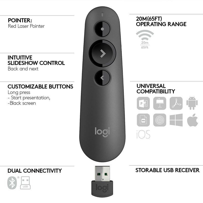 Logitech® Laser Class 1 R500s Bluetooth® & USB Presentation Clicker, 4-7/8”H x 1-1/2”W, Black - Image 6