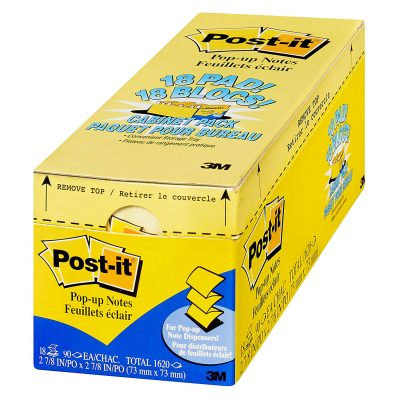 Post-it Pop Up Notes, 12 Pads, 3 in x 3 in, Clean Removal, School Supplies and Office Products, Sticky Notes for Vertical Surfaces, Monitors, Walls and Windows, Alternating Pastel Colors - Canary Yellow,18
