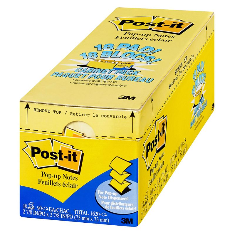 Post-it Pop Up Notes, 12 Pads, 3 in x 3 in, Clean Removal, School Supplies and Office Products, Sticky Notes for Vertical Surfaces, Monitors, Walls and Windows, Alternating Pastel Colors - Canary Yellow,18