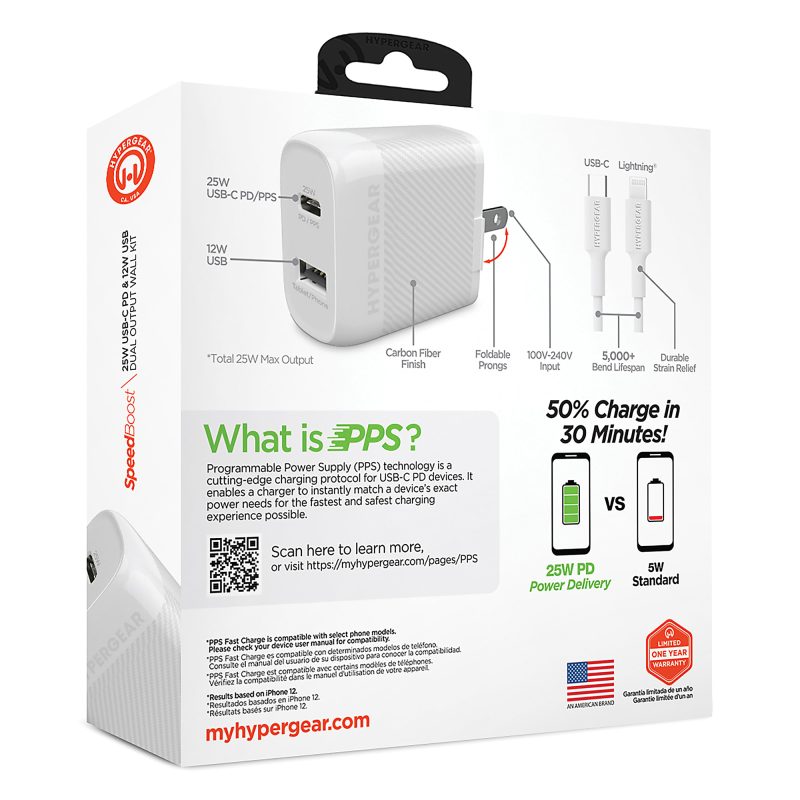 HyperGear SpeedBoost 25W PD Dual-Output Lightning Wall Charger Kit For iPhone®/iPad®/iPod, White, HPL15627 - Image 3