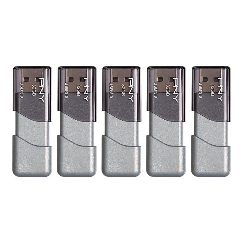 PNY Turbo Attaché 3 USB 3.0 Flash Drives, 32GB, Silver, Pack Of 5 Drives