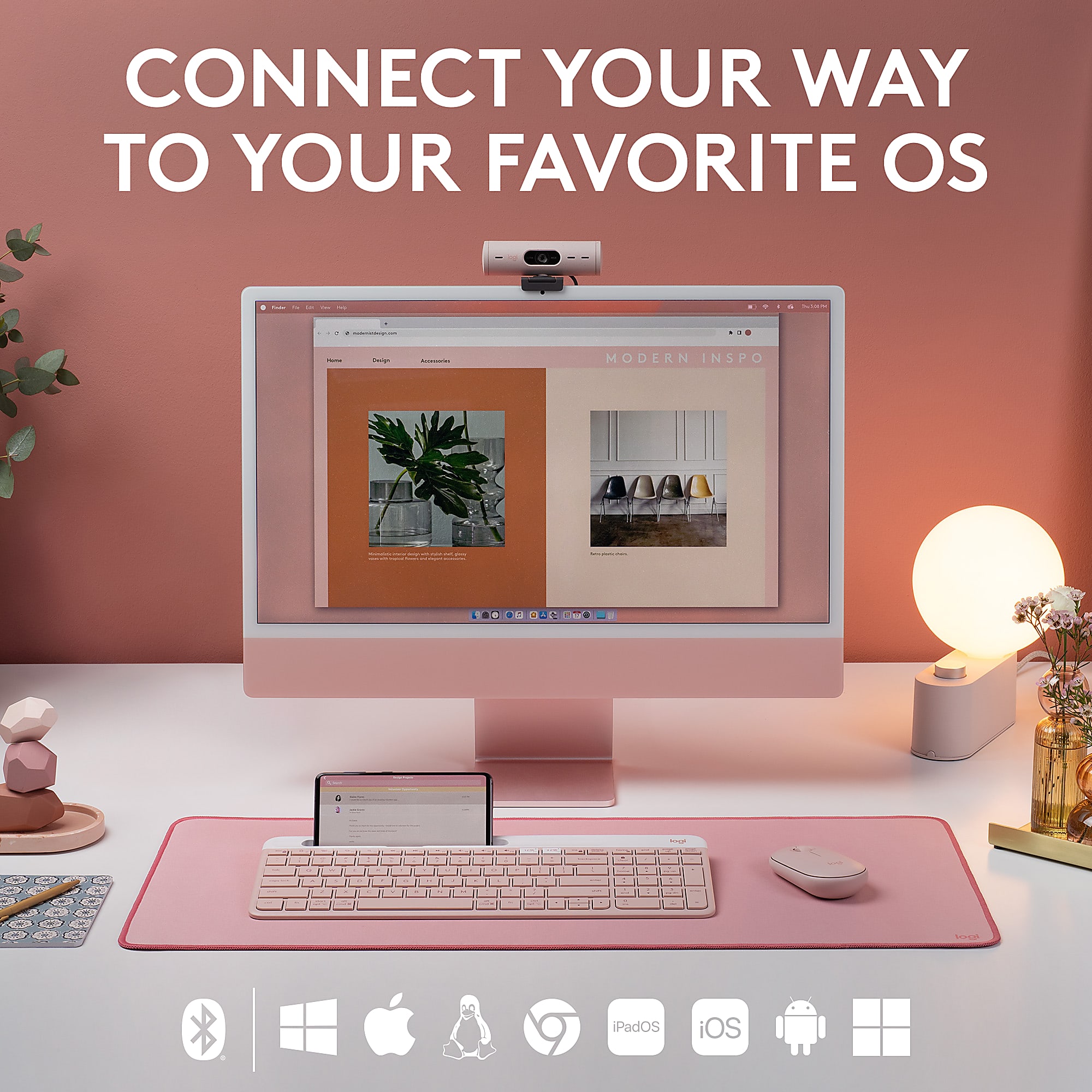 Logitech K585 Slim Multi-Device Wireless Keyboard - Wireless Connectivity - Bluetooth/RF - 2.40 GHz - ChromeOS - Notebook, Smartphone - PC, Mac - AAA Battery Size Supported - Rose - Image 2