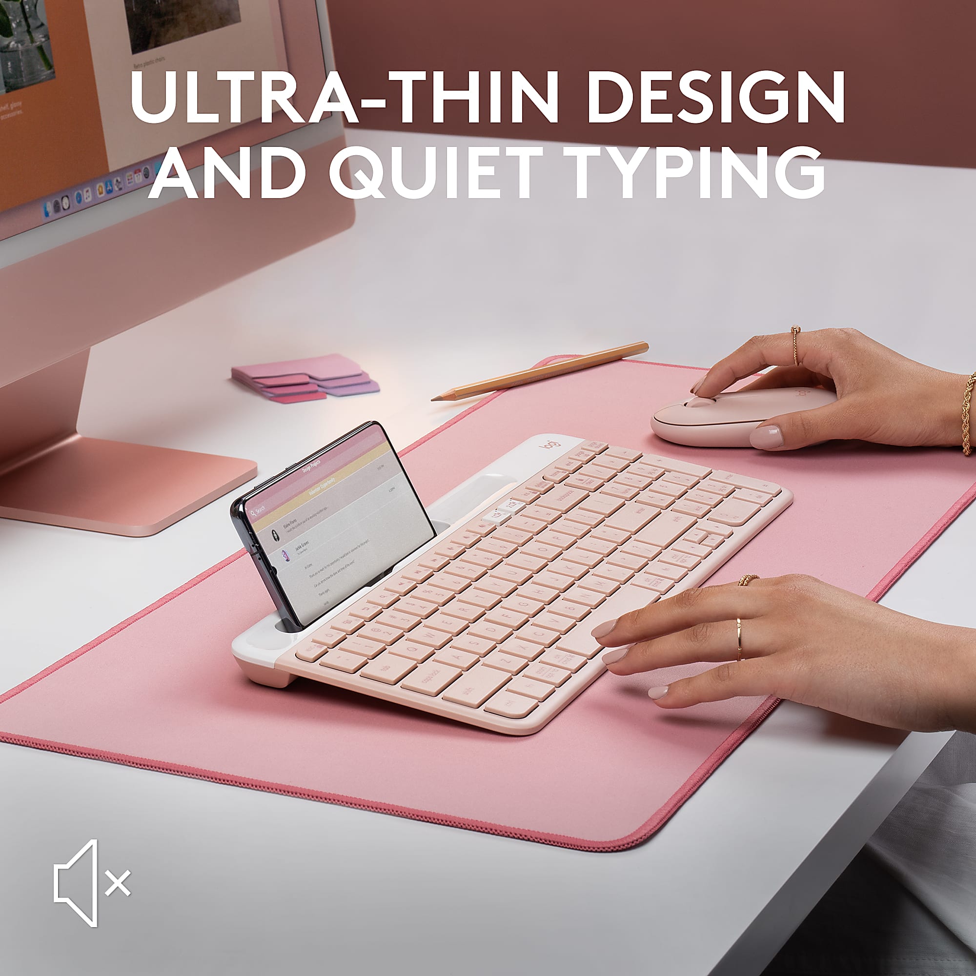 Logitech K585 Slim Multi-Device Wireless Keyboard - Wireless Connectivity - Bluetooth/RF - 2.40 GHz - ChromeOS - Notebook, Smartphone - PC, Mac - AAA Battery Size Supported - Rose - Image 4