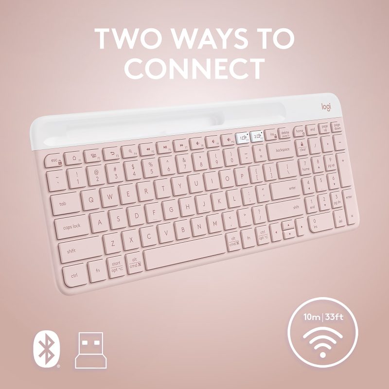 Logitech K585 Slim Multi-Device Wireless Keyboard - Wireless Connectivity - Bluetooth/RF - 2.40 GHz - ChromeOS - Notebook, Smartphone - PC, Mac - AAA Battery Size Supported - Rose - Image 5