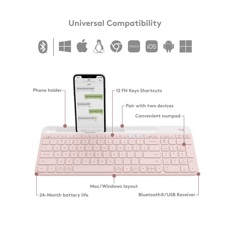 Logitech K585 Slim Multi-Device Wireless Keyboard - Wireless Connectivity - Bluetooth/RF - 2.40 GHz - ChromeOS - Notebook, Smartphone - PC, Mac - AAA Battery Size Supported - Rose - Image 6