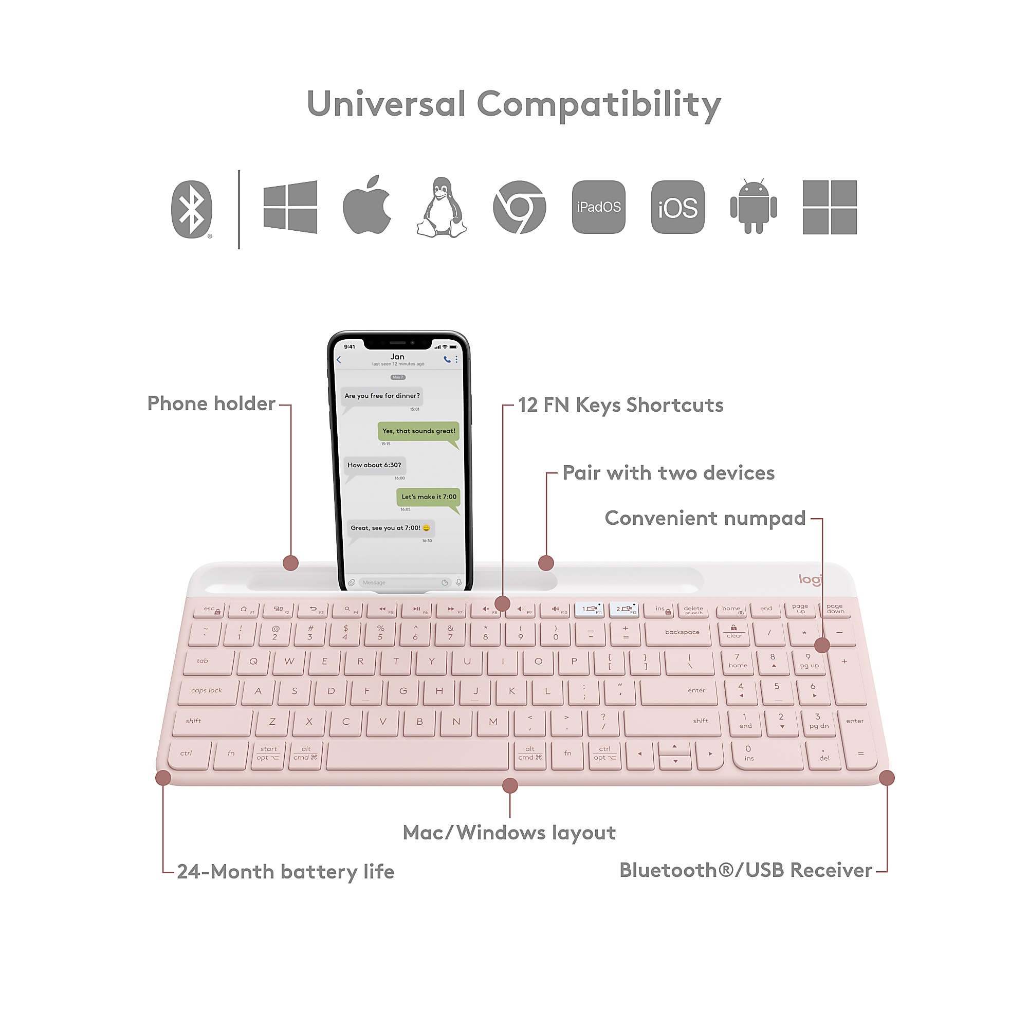 Logitech K585 Slim Multi-Device Wireless Keyboard - Wireless Connectivity - Bluetooth/RF - 2.40 GHz - ChromeOS - Notebook, Smartphone - PC, Mac - AAA Battery Size Supported - Rose - Image 6