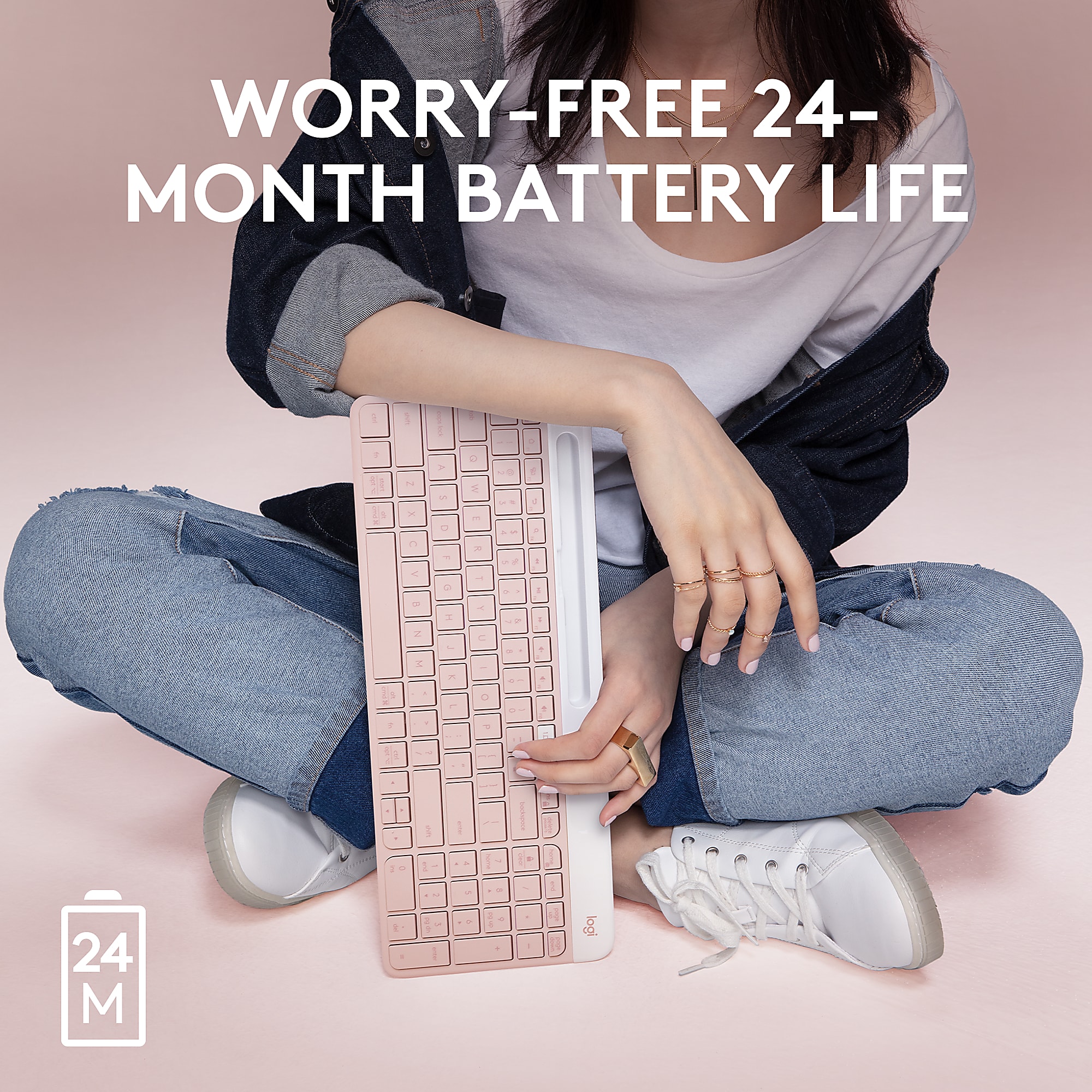 Logitech K585 Slim Multi-Device Wireless Keyboard - Wireless Connectivity - Bluetooth/RF - 2.40 GHz - ChromeOS - Notebook, Smartphone - PC, Mac - AAA Battery Size Supported - Rose - Image 7