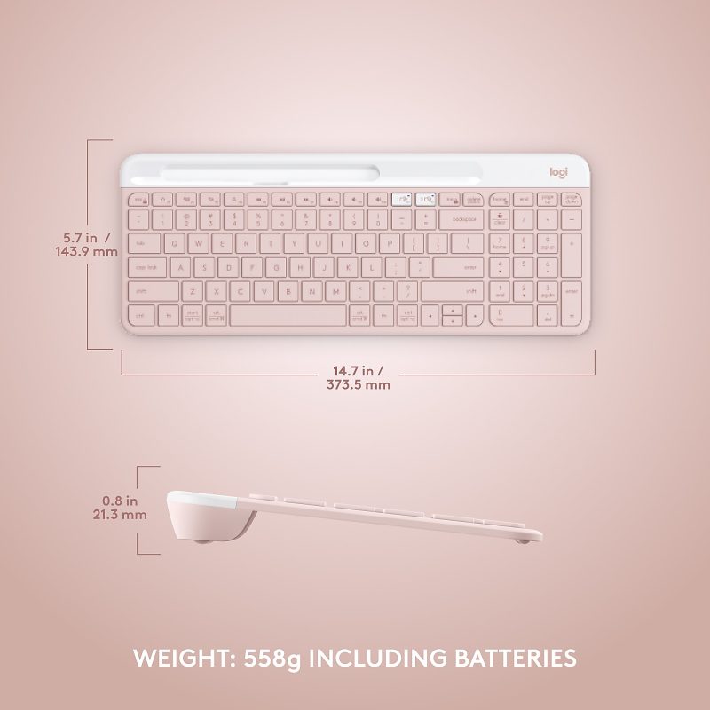 Logitech K585 Slim Multi-Device Wireless Keyboard - Wireless Connectivity - Bluetooth/RF - 2.40 GHz - ChromeOS - Notebook, Smartphone - PC, Mac - AAA Battery Size Supported - Rose - Image 8