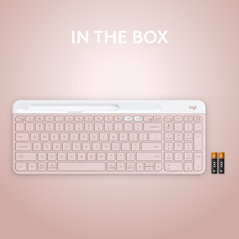 Logitech K585 Slim Multi-Device Wireless Keyboard - Wireless Connectivity - Bluetooth/RF - 2.40 GHz - ChromeOS - Notebook, Smartphone - PC, Mac - AAA Battery Size Supported - Rose - Image 9