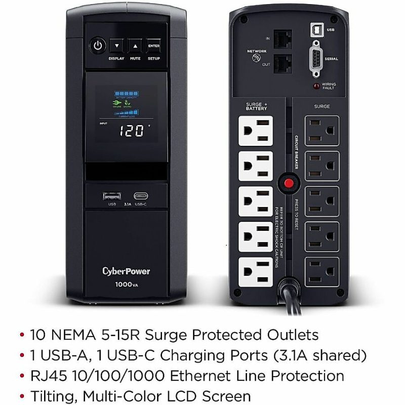 CyberPower PFC SineWave Series CP1000PFCLCD 10-Outlet Uninterruptible Power Supply, 1,000VA/600 Watts - Image 5