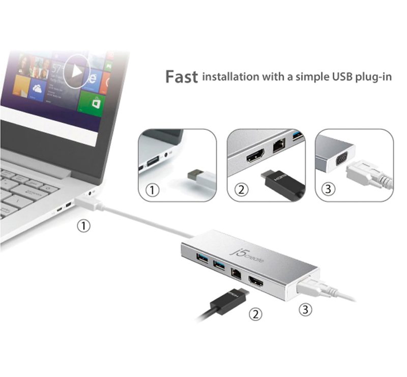 j5create USB 3.0 Mini Dock, Silver, JUD380 - Image 3
