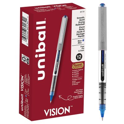 uni-ball® Vision™ Rollerball Pens, Fine Point, 0.7 mm, Gray Barrel, Blue Ink, Pack Of 12