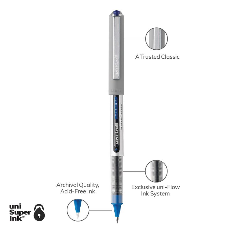 uni-ball® Vision™ Rollerball Pens, Fine Point, 0.7 mm, Gray Barrel, Blue Ink, Pack Of 12 - Image 3