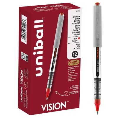 uni-ball® Vision™ Rollerball Pens, Fine Point, 0.7 mm, Gray Barrel, Blue Ink, Pack Of 12 - Red,12
