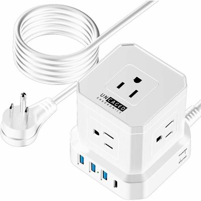 Cube Surge Protector Power Strip with usb ports 10ft extension cord with multiple outlets White - Space Saving 9 outlet usp power strip: 5 AC Outlets, 3 USB Ports, 1 USB-C Port, Surge Protected, On/Off Switch