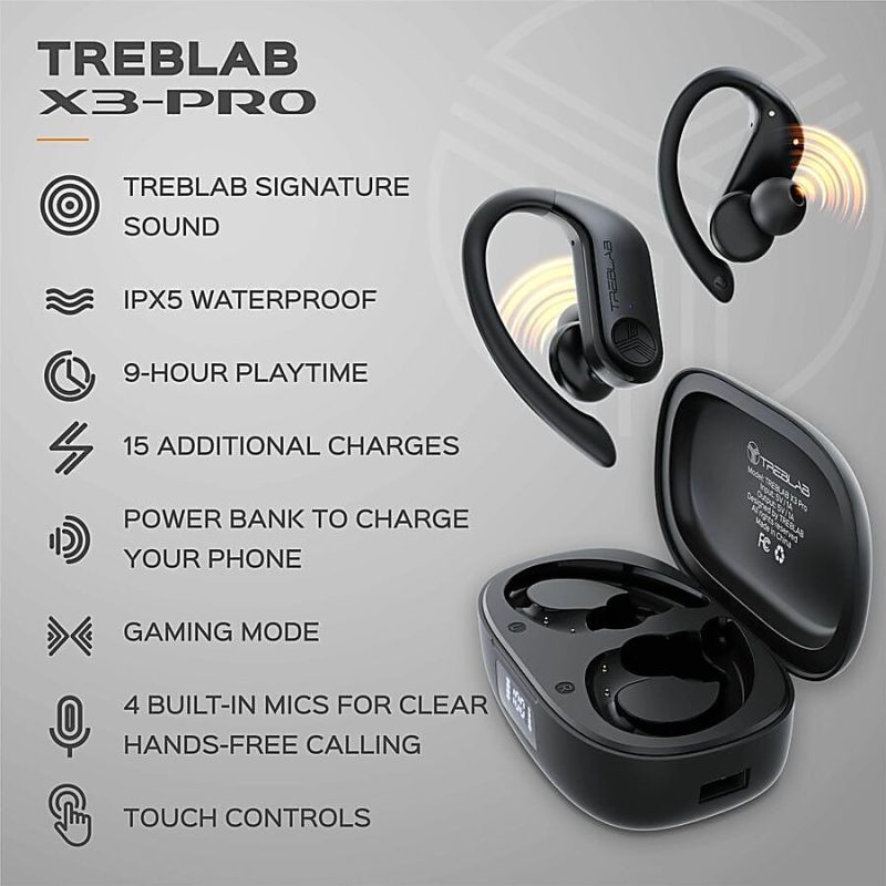 TREBLAB X3 Pro - True Wireless Earbuds with Earhooks - 145H Battery Life, Bluetooth 5.0, IPX5 Waterproof Earbuds - TWS Bluetooth Headphones with Charging case for Sport, Running, Workout - Black - Stereo - True Wireless - Bluetooth - 33 ft - 20 Hz - Image 3
