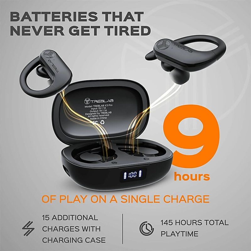 TREBLAB X3 Pro - True Wireless Earbuds with Earhooks - 145H Battery Life, Bluetooth 5.0, IPX5 Waterproof Earbuds - TWS Bluetooth Headphones with Charging case for Sport, Running, Workout - Black - Stereo - True Wireless - Bluetooth - 33 ft - 20 Hz - Image 4