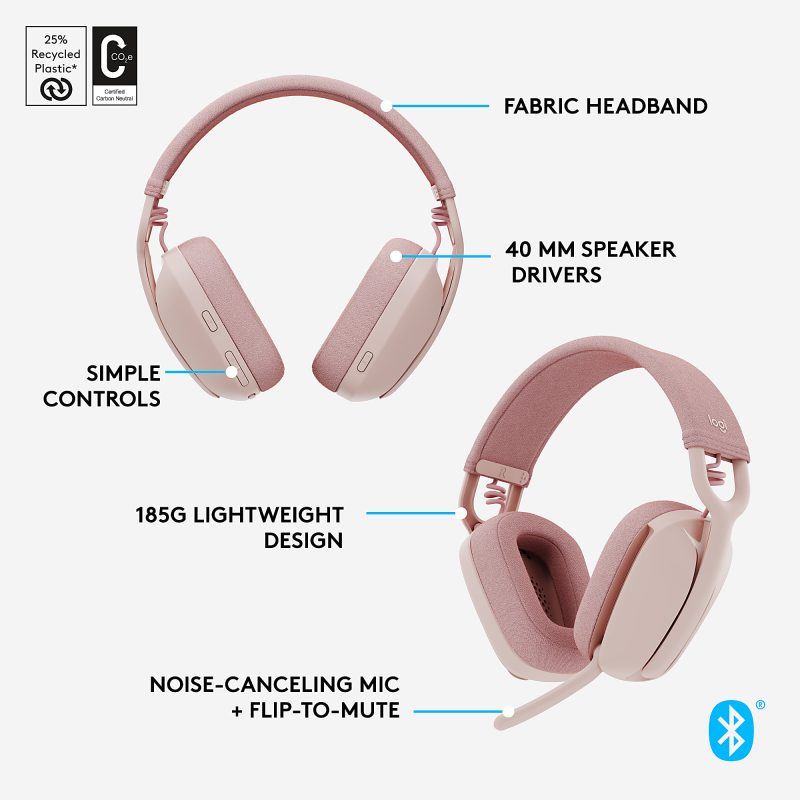 Logitech Zone Vibe 100 - Rose - Stereo - Wireless - Bluetooth - 98.4 ft - On-ear - Binaural - Noise Cancelling Microphone - Rose - Image 7