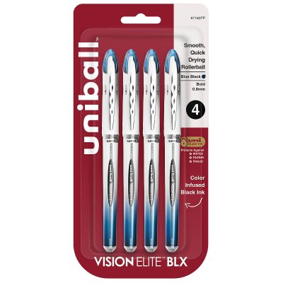 uni-ball® Vision™ Elite™ Liquid Ink Rollerball Pens, Bold Point, 0.8 mm, White Barrel, Blue/Black Ink, Pack Of 12 - Assorted,4