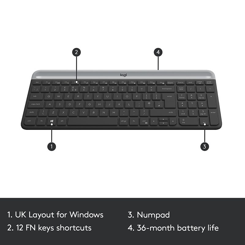 Logitech® Wireless Keyboard & Mouse, Straight Full Size Keyboard, Graphite, Ambidextrous Optical Mouse, MK470 Slim - Image 5