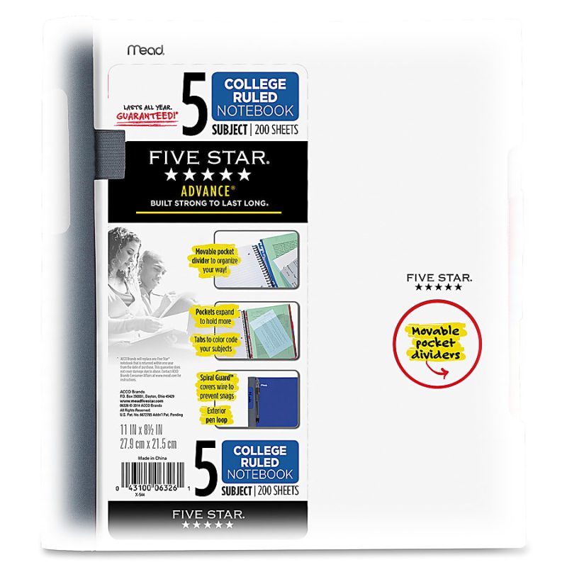 Five Star® Advance Wirebound Notebook, 8-1/2" x 11-3/4", 5 Subject, College Ruled, 200 Pages (100 Sheets), Assorted Colors - Image 2