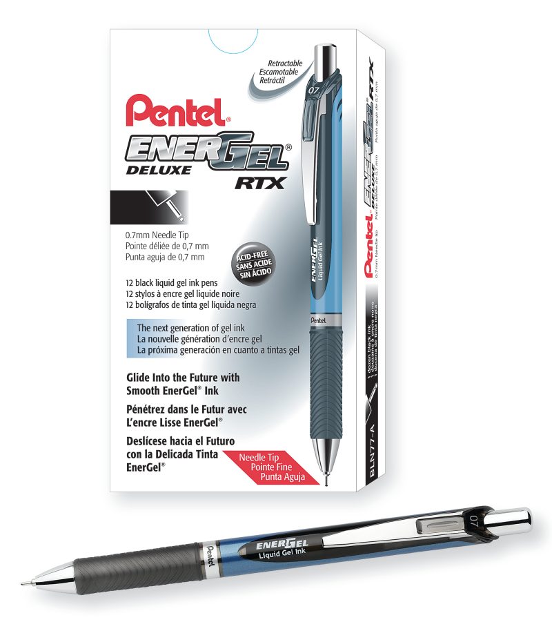 Pentel® EnerGel™ Deluxe RTX Retractable Pens, Needle Point, 0.7 mm, Blue Barrel, Blue Ink, Pack Of 12 Pens - Black,12