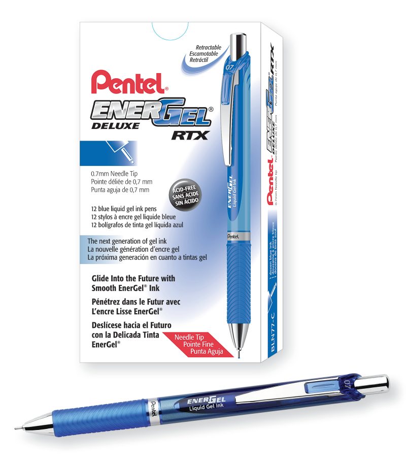 Pentel® EnerGel™ Deluxe RTX Retractable Pens, Needle Point, 0.7 mm, Blue Barrel, Blue Ink, Pack Of 12 Pens - Blue,12