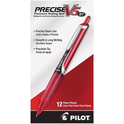 Pilot® Precise™ V5 Liquid Ink Retractable Rollerball Pens, Extra Fine Point, 0.5 mm, Black Barrels, Black Ink, Pack Of 12 - Red,12