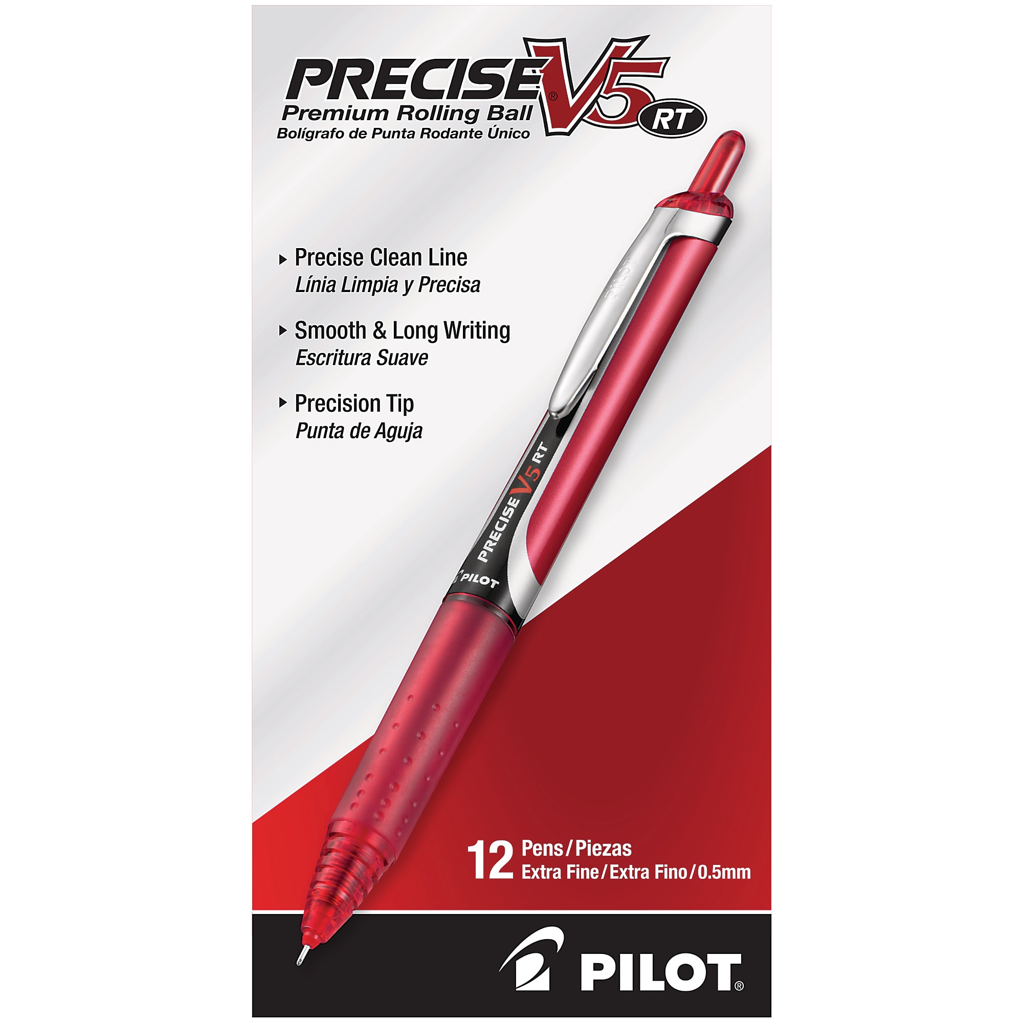 Pilot&reg; Precise&trade; V5 Liquid Ink Retractable Rollerball Pens, Extra Fine Point, 0.5 mm, Black Barrels, Black Ink, Pack Of 12 - Red,12