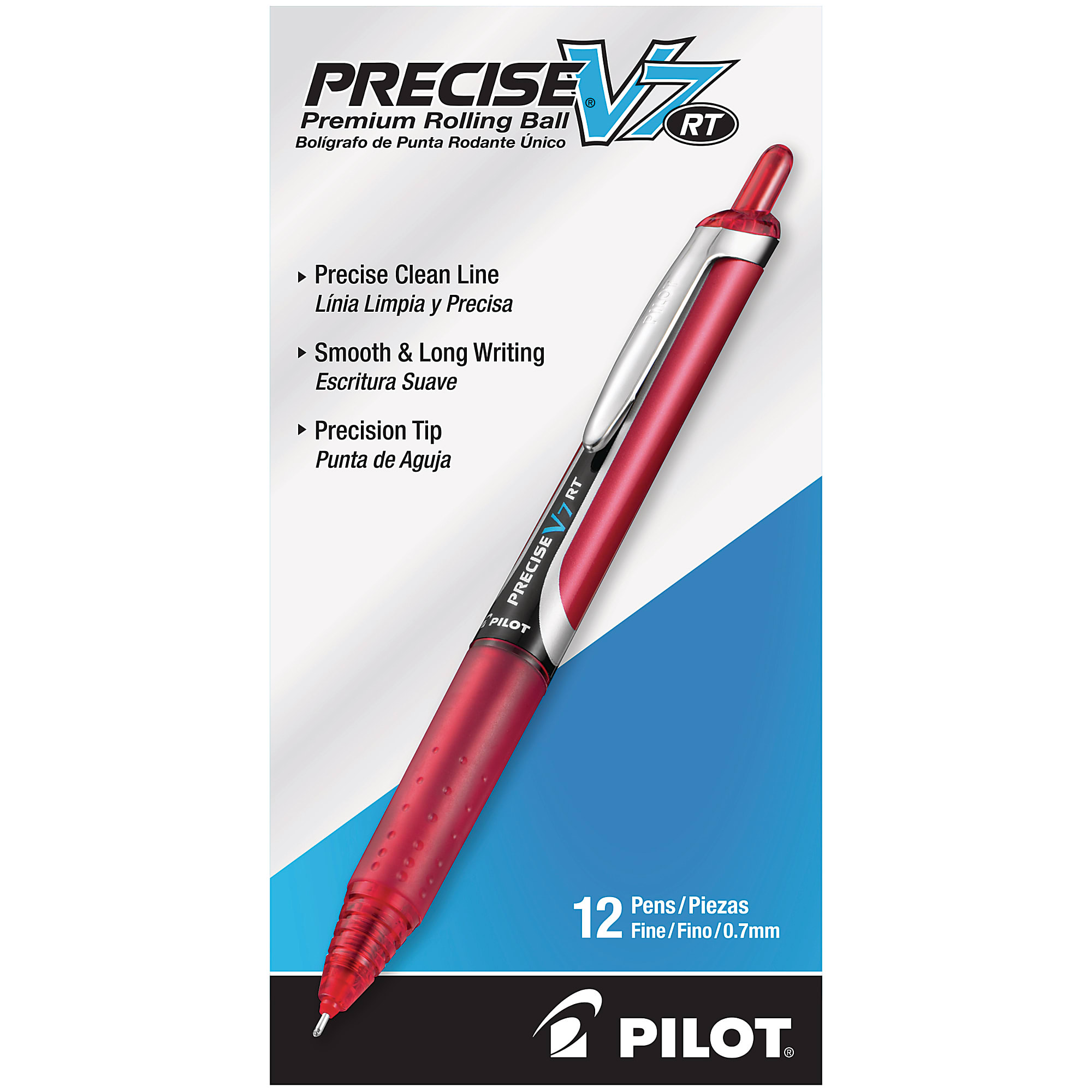 Pilot&reg; Precise&trade; V7 Liquid Ink Retractable Rollerball Pens, Fine Point, 0.7 mm, Assorted Barrels, Blue Ink, Pack Of 12 Pens - Red,12
