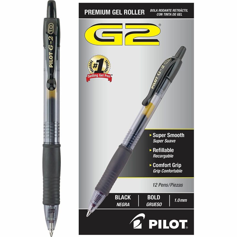 Pilot G2 Retractable Gel Pens, Bold Point, 1.0 mm, Clear Barrels, Black Ink, Pack Of 12 Pens - Image 3