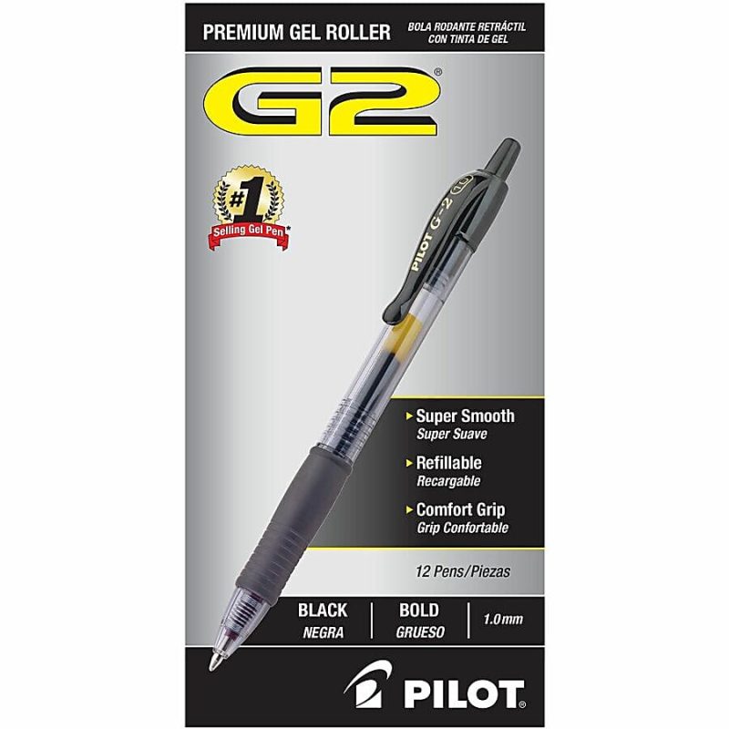 Pilot G2 Retractable Gel Pens, Bold Point, 1.0 mm, Clear Barrels, Black Ink, Pack Of 12 Pens - Image 5