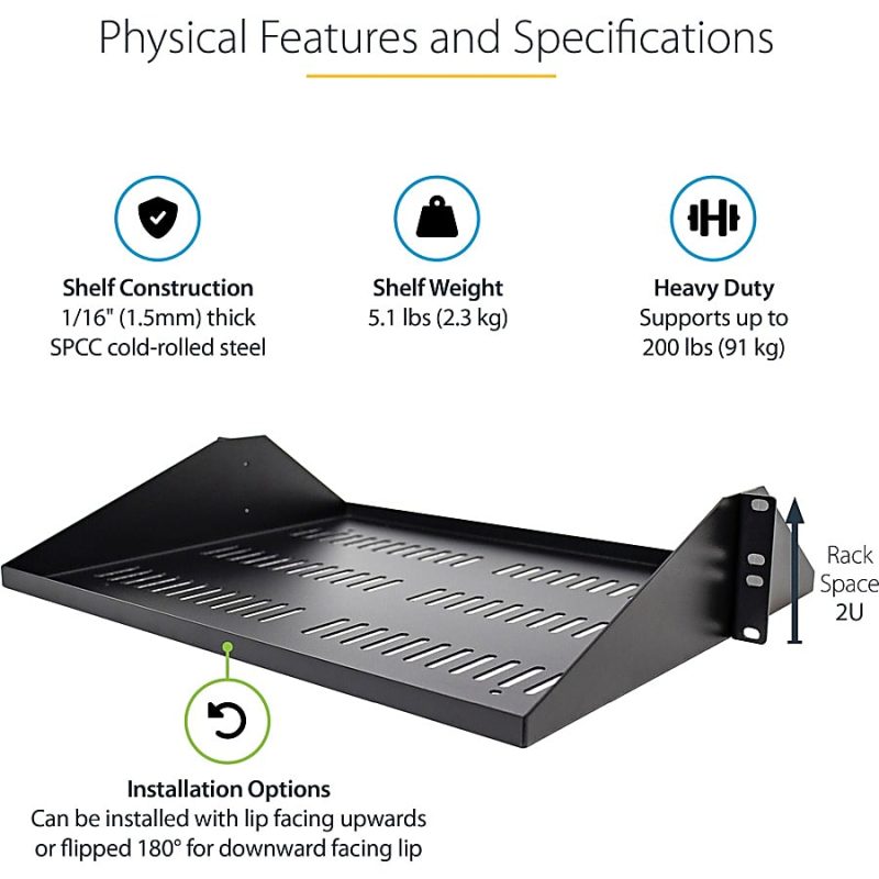 StarTech.com 2U Vented Server Rack Cabinet Shelf - Fixed 14" Deep Cantilever Rackmount Tray for 19" Data/AV/Network Enclosure w/Cage Nuts - Image 3