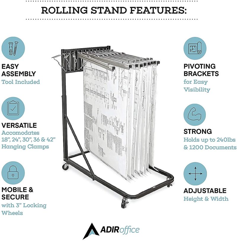 Alpine AdirOffice Blueprint Vertical File Rolling Stand, 46”H x 27”W x 28-1/2”D, Black - Image 6