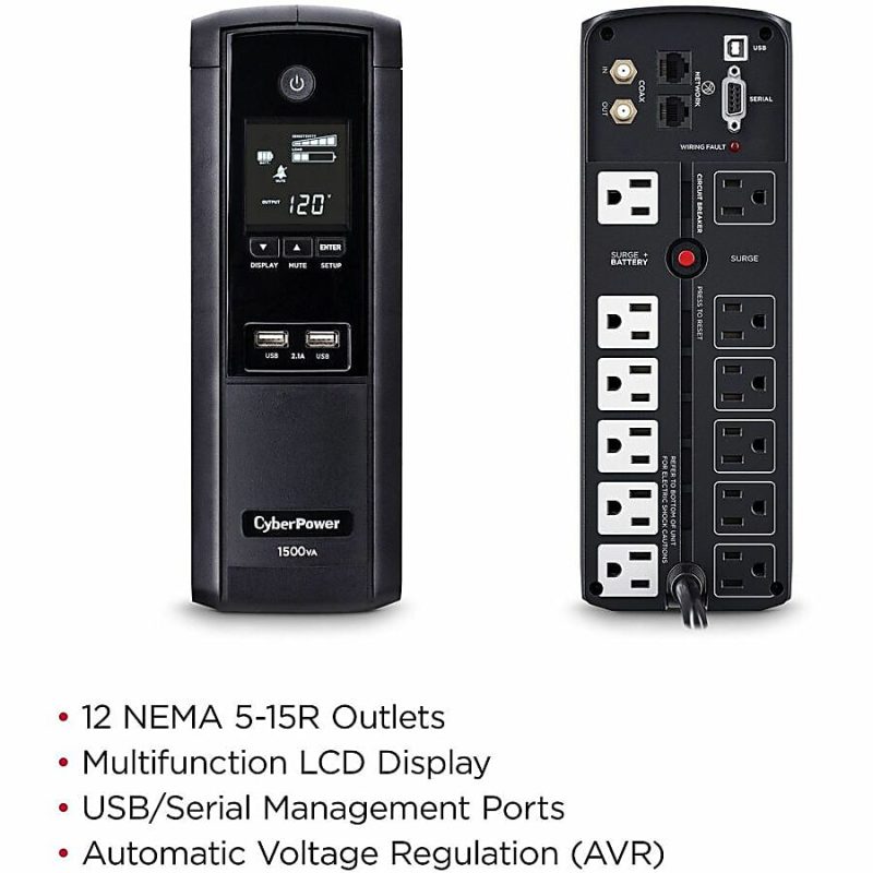 CyberPower Intelligent LCD BRG1500AVRLD2 1500VA Mini-tower UPS - Mini-tower - AVR - 8 Hour Recharge - 2 Minute Stand-by - 120 V AC Input - 120 V AC Output - Serial Port - 12 x NEMA 5-15R - 6 x Battery/Surge Outlet - Image 6