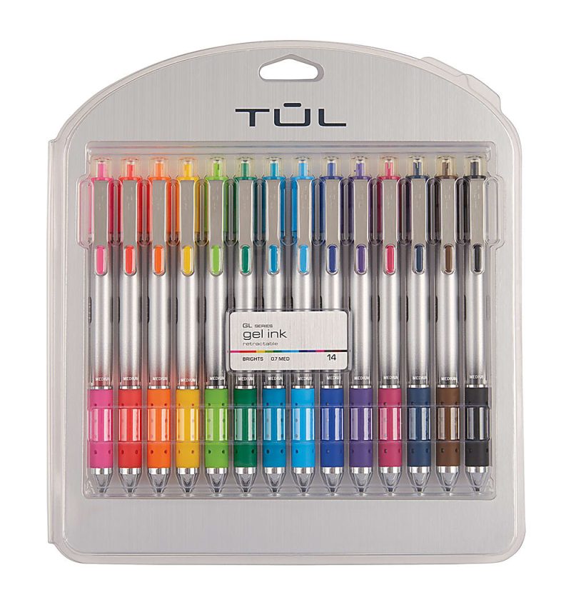 TUL® GL Series Retractable Gel Pens, Medium Point, 0.7 mm, Silver Barrel, Assorted Standard & Bright Ink Colors, Pack Of 14 Pens