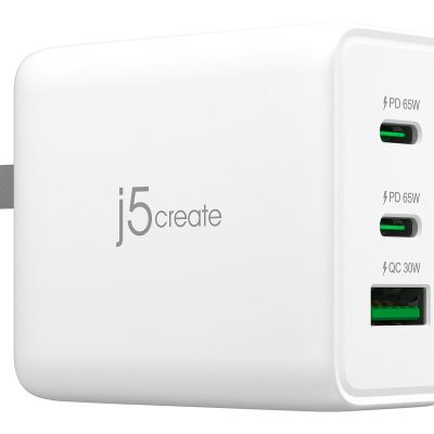 j5create 65W GaN USB-C 3-Port Charger, White, JUP3365