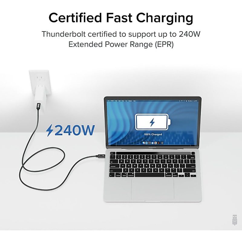 Plugable Thunderbolt 4 Cable with 240W Charging, Thunderbolt Certified, 3.3 Feet (1M),1x 8K Display, 40 Gbps - Compatible with USB4, Thunderbolt 3, USB-C, Driverless - Image 2