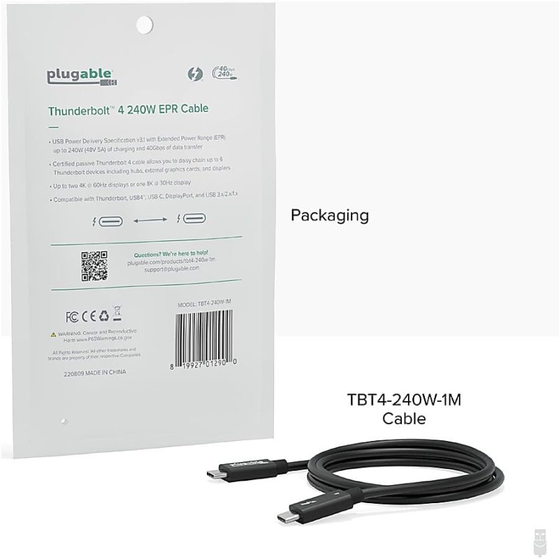 Plugable Thunderbolt 4 Cable with 240W Charging, Thunderbolt Certified, 3.3 Feet (1M),1x 8K Display, 40 Gbps - Compatible with USB4, Thunderbolt 3, USB-C, Driverless - Image 7