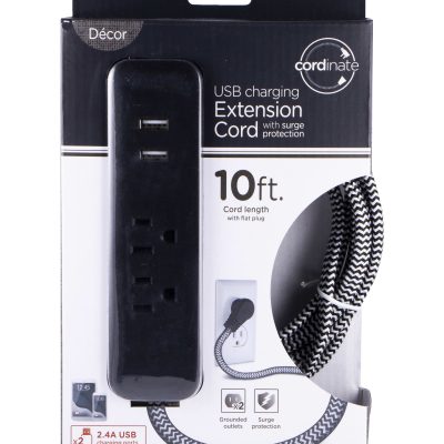 Cordinate 4-Outlet 16-Gauge USB Extension Cord With Surge Protection, 10', Black/White